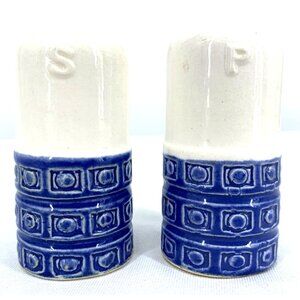Geometric Salt and Pepper Shakers Set Cobalt Blue White 3" Ceramic MCM